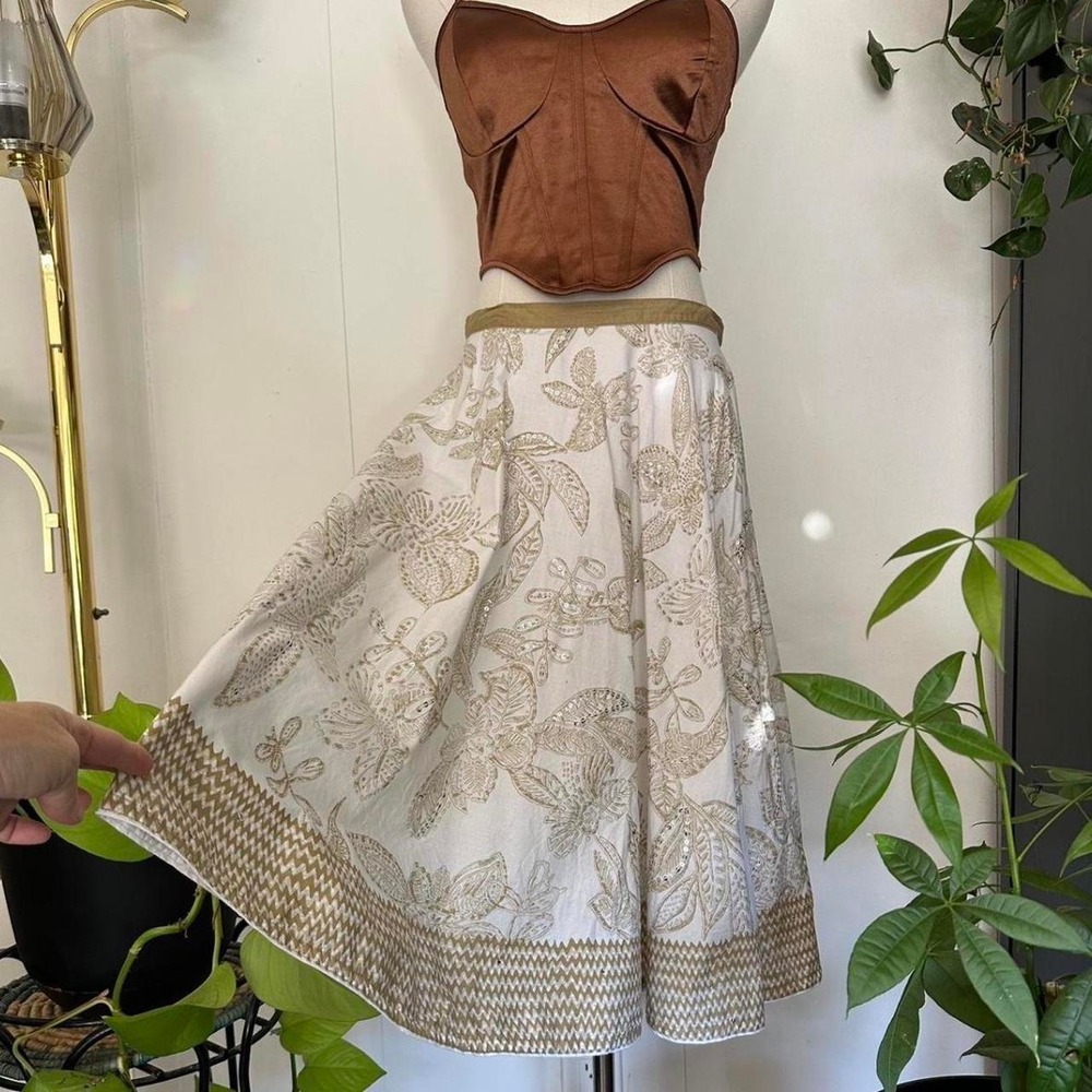 ANA White Brown Floral Sequin Midi A-Line Skirt Boho Fairycore Womens 8 Petite